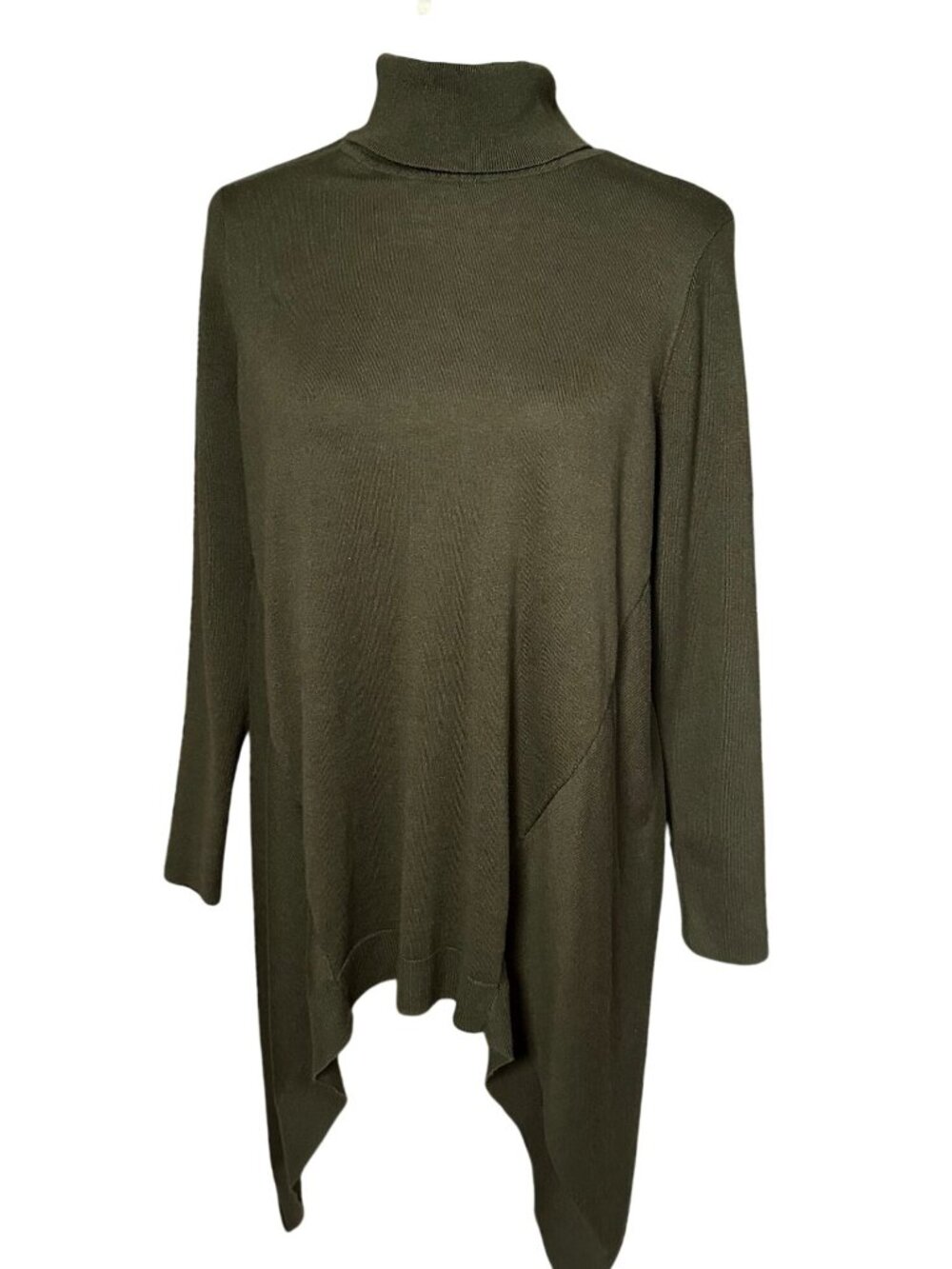 Chicos Sweater 1 Medium Olive Green Turtleneck Asymmetrical Featherweight Tunic